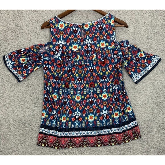 Women's Small (S) Fever Cold Shoulder Colorful Floral Blue Orange Red Blouse Top - Picture 7 of 16